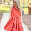 TCEC Dresses One Shoulder Poplin Dress (Rust)