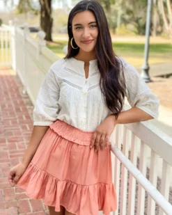 OO Boutique Tops Lace Trim Blouse (Ivory Eyelet)