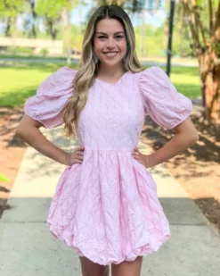 OO Boutique Textured Balloon Mini Dress (Pink) Dresses