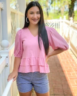 OO Boutique Tops V-Neck Ruffles Hem Top (Soft Pink)