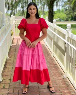 English Factory Dresses Color Block Puff Sleeve Maxi Dress (Red)