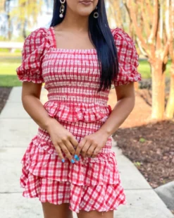 English Factory Plaid Smocked Top With Short Puff Sleeves (Red) Tops