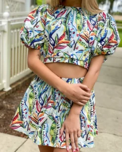 Queen Of Sparkles Tops Tropical Puff Sleeve Jeweled Crop