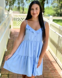 Joy Joy Short Sleeve Tiered Dress (Light Blue)