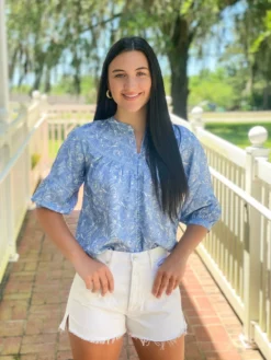 OO Boutique Tops Lace Trim Blouse (Denim Print)