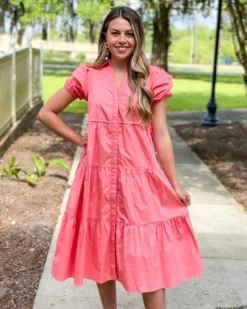 OO Boutique Puff Sleeve Tiered Midi Dress (Coral)