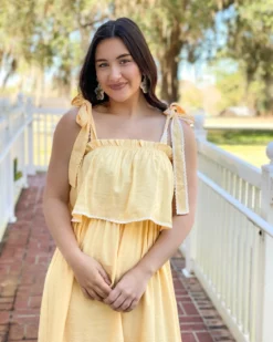 English Factory Midi Dress With Tied Shoulder (Yellow)