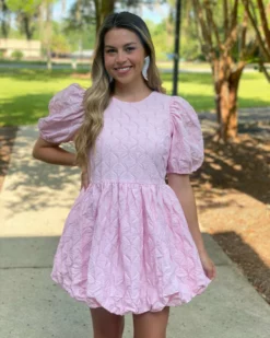 OO Boutique Textured Balloon Mini Dress (Pink) Dresses