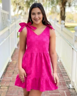 OO Boutique Bow Shoulder Dress (Fuchsia) Dresses