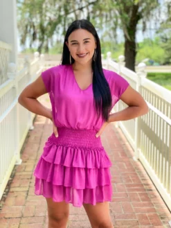 Adrienne Solid Foil Drop Shoulder Tiered Dress (Magenta) Dresses