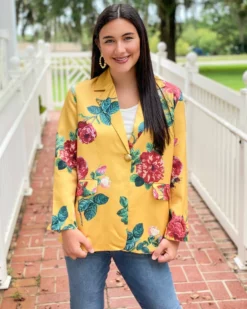 Beulah Style Floral Satin Blazer Jacket (Yellow)