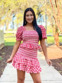 English Factory Plaid Smocked Top With Short Puff Sleeves (Red) Tops