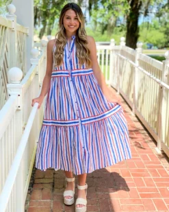 Olivia James The Label Ro Long Dress (Harbour Stripe Cherry)