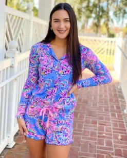 Lilly Pulitzer PJ Knit LS Button-Up Top (Mermaid Grotto)