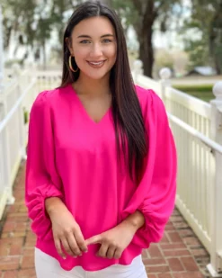 Adrienne V-Neck Bubble Top (Neon Fuchsia)