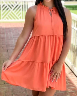 OO Boutique Dresses Tiered Halter Dress (Orange)