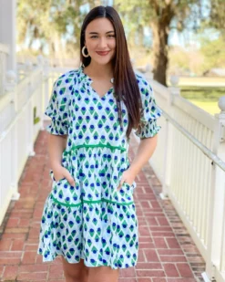 OO Boutique Trim Tiered Dress (Geo Print)